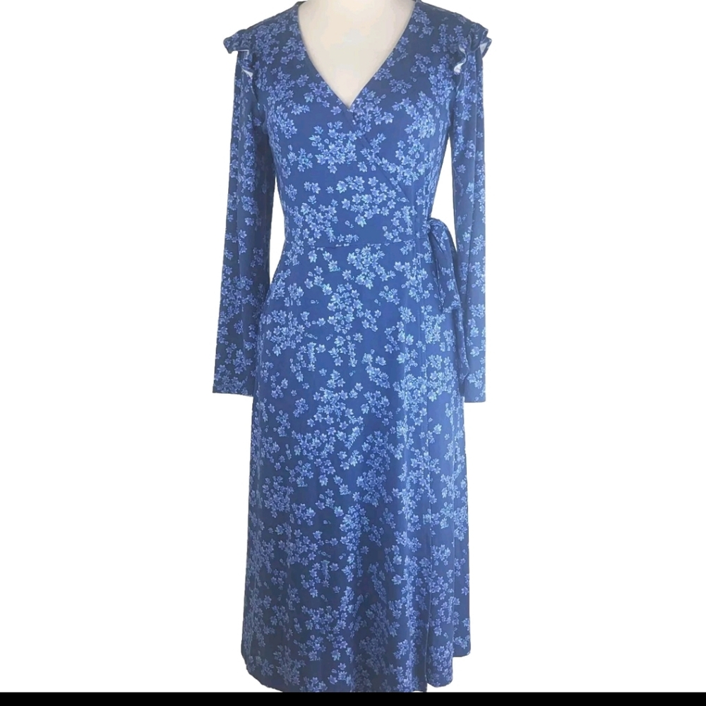 Draper James RSV Long Sleeve Wrap Dress Womens XS Blue Dixie Floral With Pockets